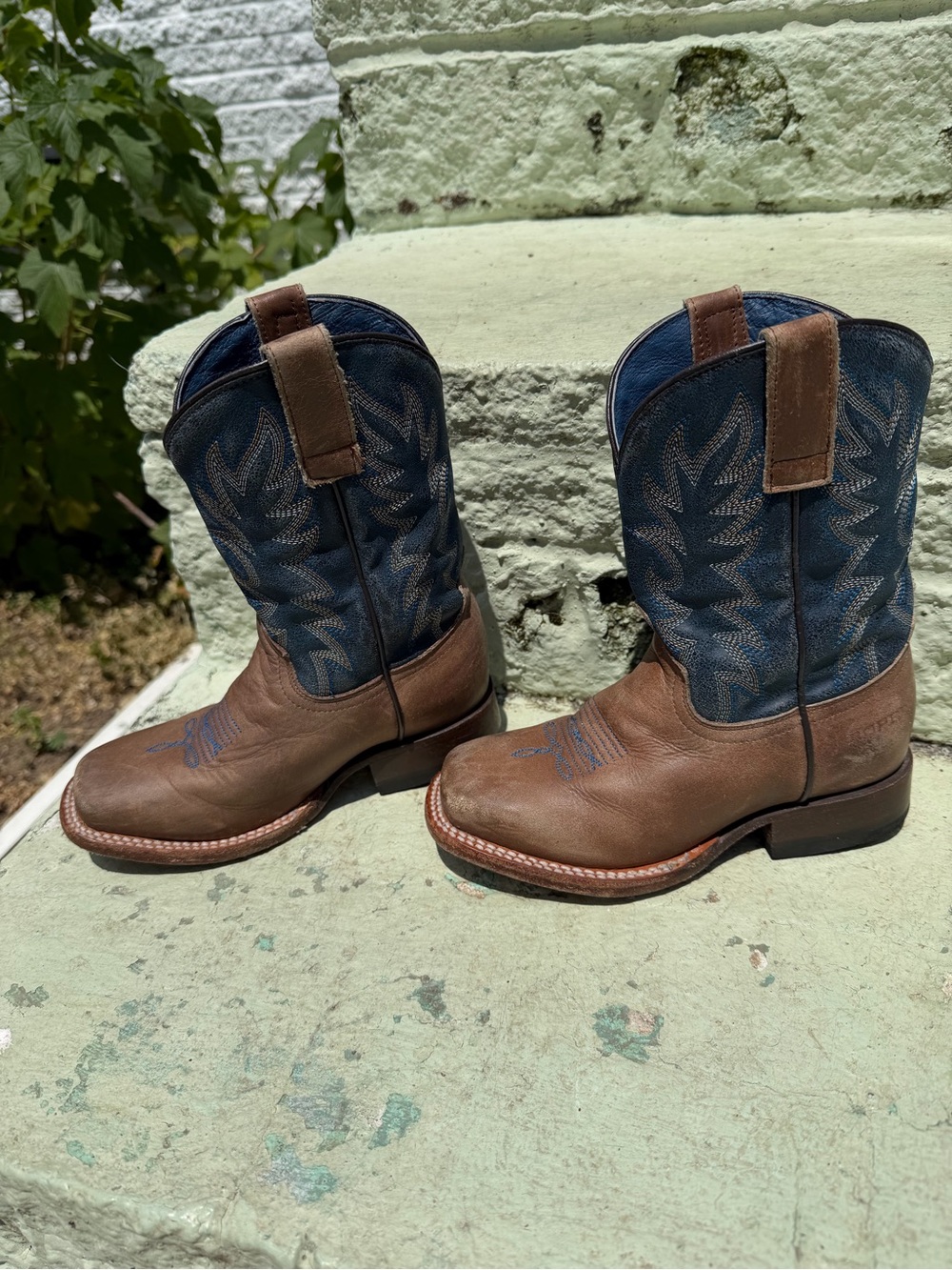 Roper Kids Brown Leather Cowboy Boots with Blue Shaft